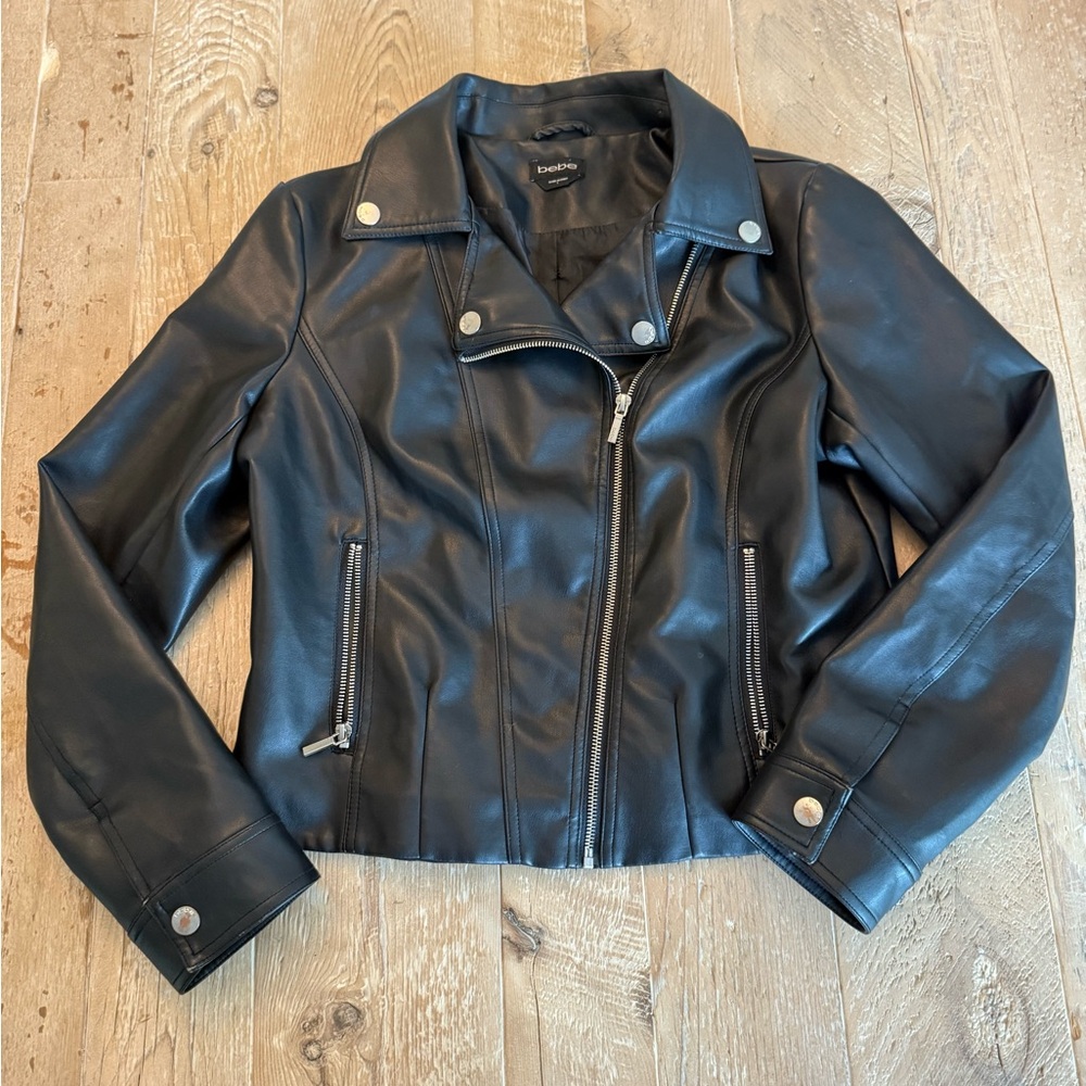 bebe Black Faux Leather Moto Jacket L